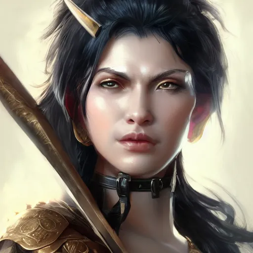 Prompt: fantasy portrait of a middle aged beautiful female barbarian warrior with jet black hair , backlit , made by Stanley Artgerm Lau, WLOP, Rossdraws, ArtStation, CGSociety, concept art, cgsociety, octane render, trending on artstation, artstationHD, artstationHQ, unreal engine, sfw, 4k, 8k,