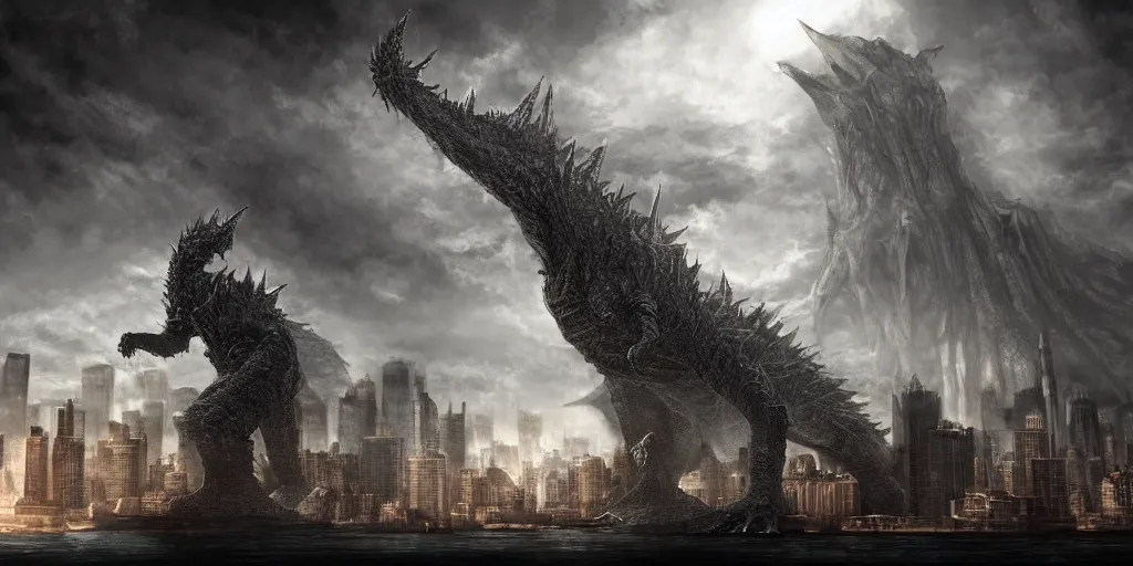 Prompt: Kaiju towering above New York, dark souls concept art, dramatic lighting, highly stylized, high-quality wallpaper, desktopography