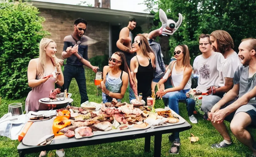 Image similar to a group of friends having a bbq with an alien at the backgardenof a detroit house