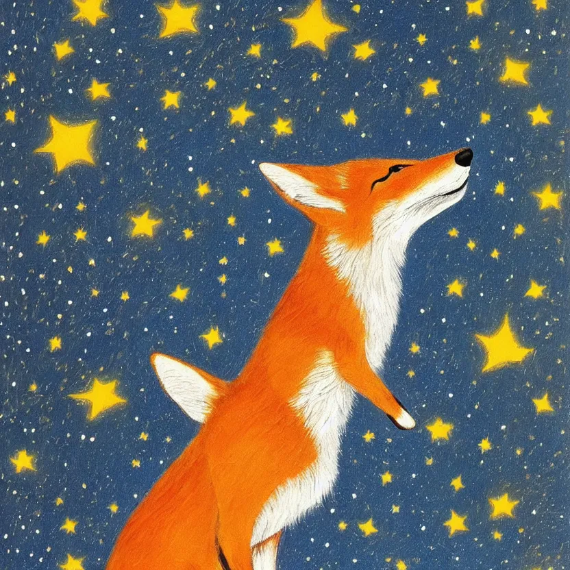 Prompt: a centred painting of a fox looking up at the stars in the style of Starry Night, highly detailed