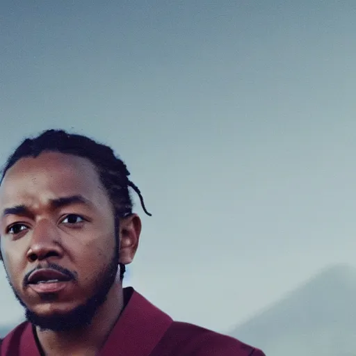 Image similar to cinematic film still of Kendrick Lamar starring as a Japanese Sensei with fire, Japanese CGI, VFX, 2003, 40mm lens, shallow depth of field, film photography