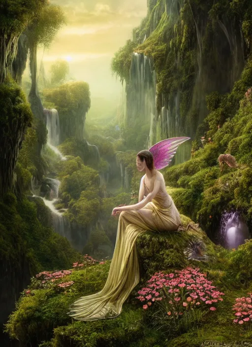 Prompt: an elegant fairy with wings of lace sitting and looking out at a lord of the rings scenery landscape, vast lush valley flowers and mushroom structures, stream, sunrise, god's rays highly detailed, vivid color, cinematic lighting, perfect composition, 8 k, gustave dore, derek zabrocki, greg rutkowski, belsinski, octane render