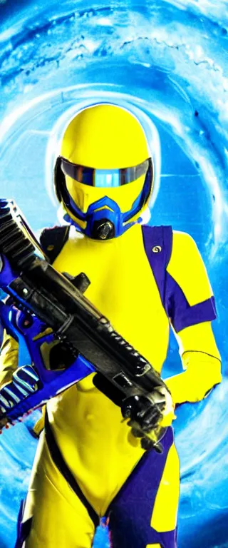 Image similar to Soft yellow-suited usurper alien soldier with soft-yellow motocross helmet with blue glowing visor, holding an alien soft yellow energy rifle.