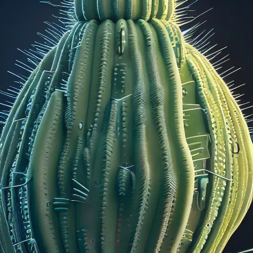 Image similar to Close-up shot.3d hard surface design, octane rendered, robotic bionic Technical, robotic Cactus design, hardops, box cutter, artstation trending, wow, 8k, in style of Moebius, Android Jones