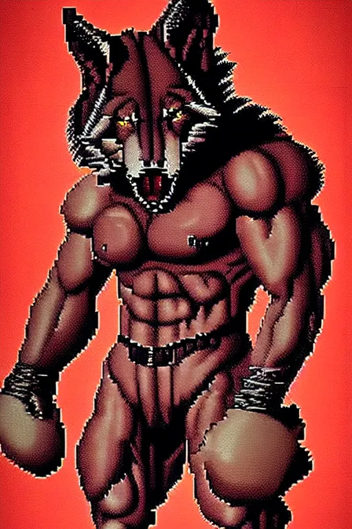 Image similar to extreme long shot. 8 bit nes graphics. antropomorphic muscular masculine wolf. kickboxer fighter, in shorts. wolf head. angry. fine details, very sharp, art from nes game cartridge, 8 0's, vhs artefacts, vaporwave style, marc simonetti and hermann nitsch and anish kapoor.