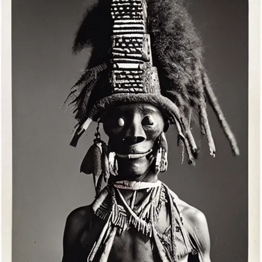 Image similar to vintage photo of a dogon shaman wearing an elaborate mask by edward s curtis, photo journalism, photography, cinematic, national geographic photoshoot