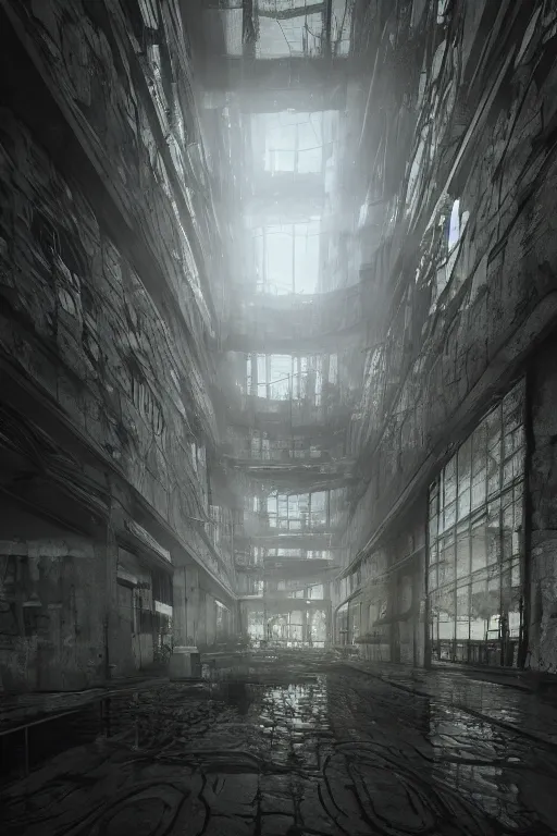 Image similar to Building from the inside, like a cross-section through a body, dark, moody, hyper-realistic environment,Epic concept art. bokeh, Octane render and Unreal Engine