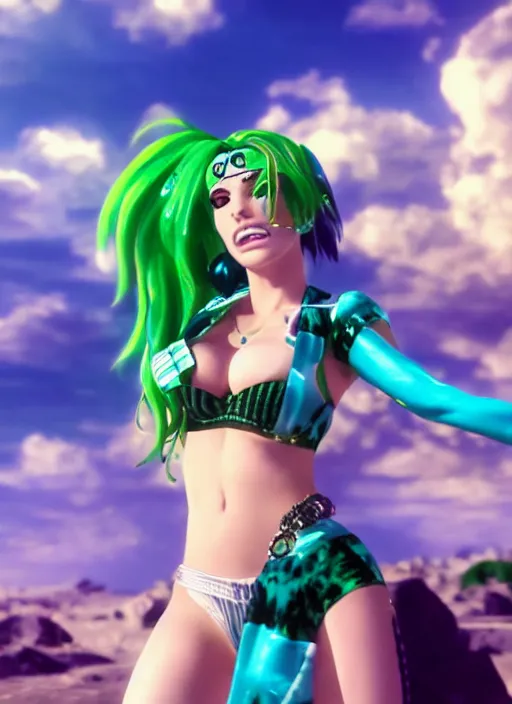 Image similar to cinematic scene with bella thorne as jolyne from jojo's bizarre adventure, stone ocean, dramatic, small details, volumetric lighting, still frame