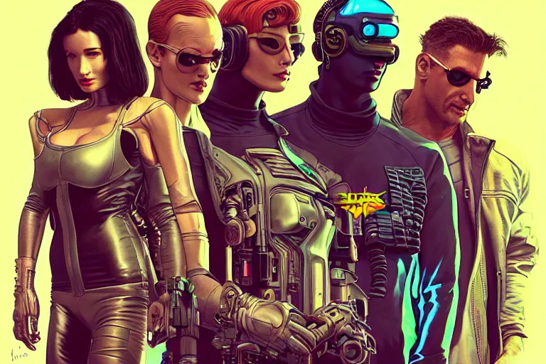 Image similar to cyberpunk heist crew. portrait by stonehouse and mœbius and will eisner and gil elvgren and pixar. character design. realistic proportions. dystopian. cyberpunk 2 0 7 7 character art, blade runner 2 0 4 9 concept art. cel shading. attractive face. thick lines. the team. diverse characters artstationhq..