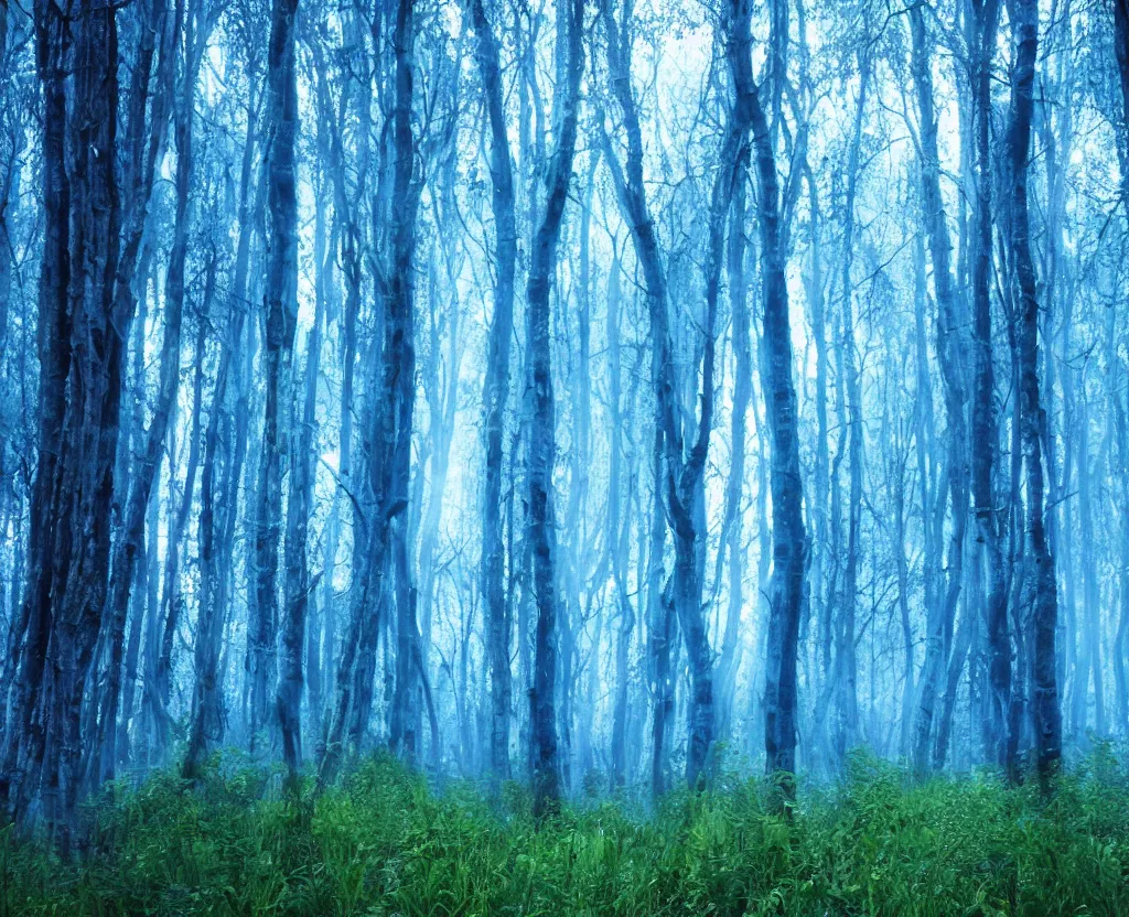 Prompt: blue forest, glowing, like zelda breath of the wild,