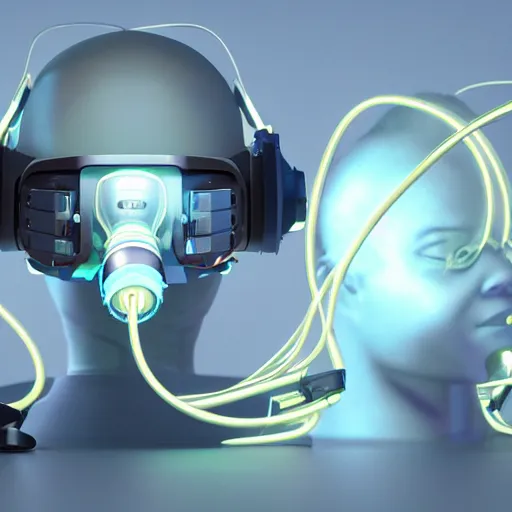 Image similar to intense futuristic bespoke vr headset respirator with long cables twirling out into a particle system on a set of twin humble hypebeasts, by ilya kuvshinov and james jean and sorayama and ikeuchi and hyein seo and hiroya oku and gilleard james, artstation trending, 8 k, 3 d render, photorealistic, volumetric lighting caustics, pink