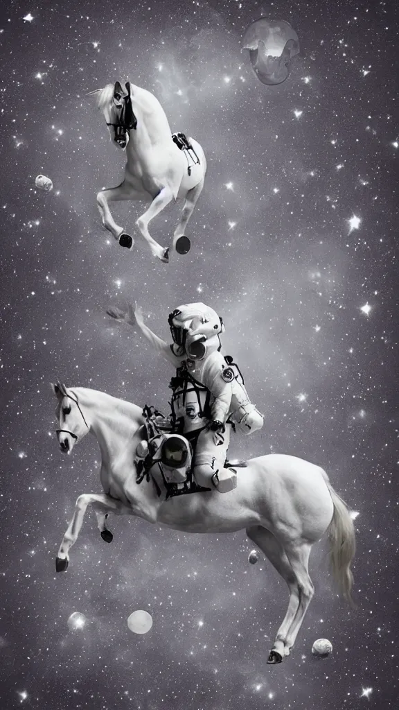 Prompt: a horse riding an astronaut, weightlessness, emptiness, illusion, wtf