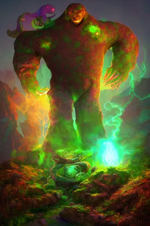 Image similar to arcane fantasy art giant golem elemental wood rock bastion forged gemstone enchanted forest troll, global illumination ray tracing hdr fanart arstation by sung choi and eric pfeiffer and gabriel garza and casper konefal lisa frank zbrush central hardmesh radiating a glowing aura