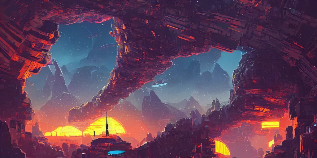 Image similar to a small asteroid mining village nestled in a space cave by alena aenami, petros afshar