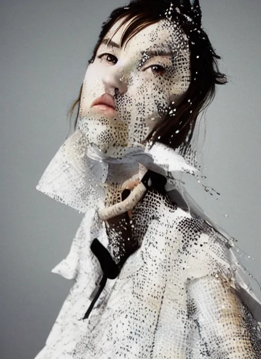Image similar to a portrait of an european girl detailed features wearing a wedding dress - chic'techno fashion trend - by issey miyake by ichiro tanida and mitsuo katsui