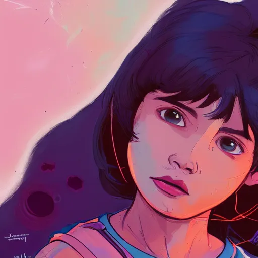 Image similar to a study of cell shaded portrait of Isabela Moner as dora the explorer, concept art, illustration, post grunge, concept art by josan gonzales and wlop, by james jean, Victo ngai, David Rubín, Mike Mignola, Laurie Greasley, highly detailed, sharp focus, alien, hard light, minimal color palette, Trending on Artstation, HQ, deviantart, art by artgem