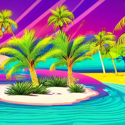 Prompt: illustration of an oasis in a desert, stylized. Hot yellow sand with cyan water with white lines of refraction. Palm trees surround the oasis. Pink blocks are rising out of the water in a row leading from near to far, with vines hanging off them