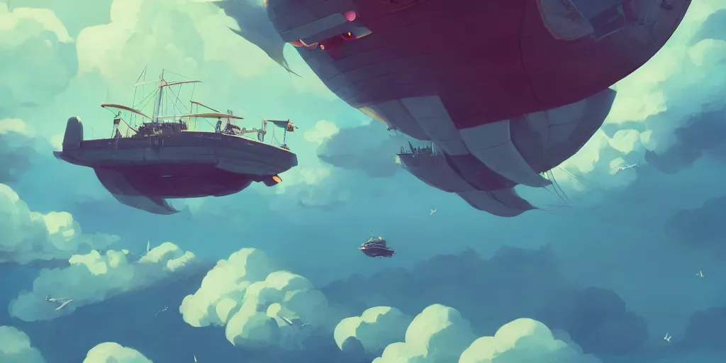 Image similar to a large pirate airship flying among the clouds, soaring through the sky, airship, digital art, pirate, vivid colors, atey ghailan, james gilleard, beautiful, highly detailed, trending on art station