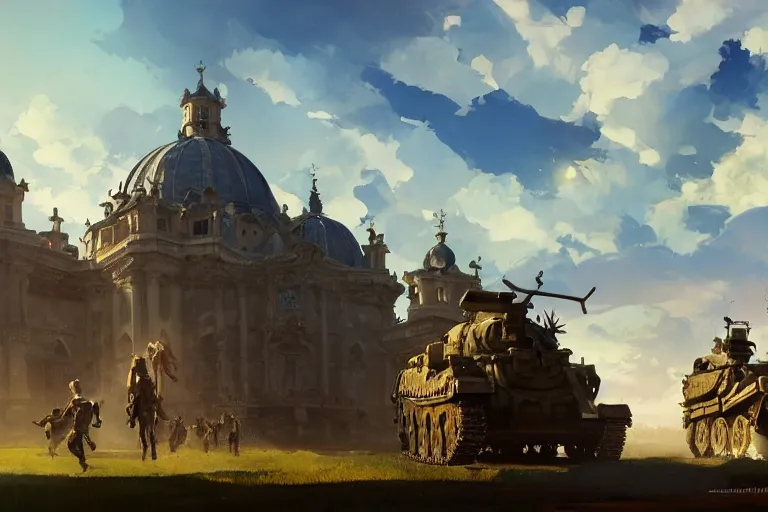 Image similar to an ornate baroque church built on top of a tank. scene in an open field. key visual, conceptart, ambient lighting, highly detailed, digital painting, artstation, concept art, sharp focus, by makoto shinkai and akihiko yoshida and greg manchess