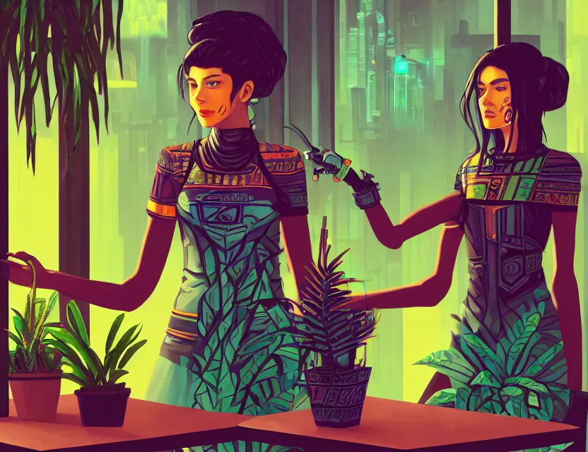 Prompt: aztec scifi barista in a well - lit cafe with potted plants, wearing a lovely dress with cyberpunk elements. this oil painting by the award - winning mangaka has an interesting color scheme and impeccable lighting.