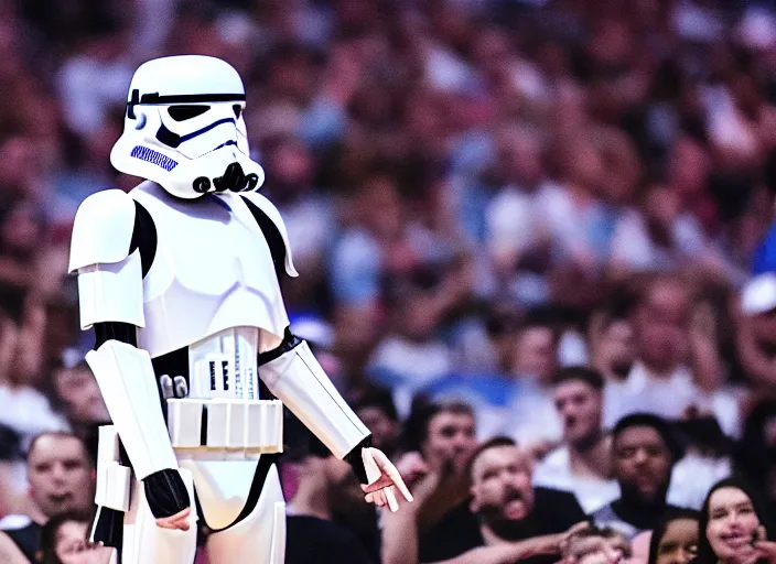 Image similar to ESPN still of Storm trooper playing in the nba playoffs live on espn, 4k