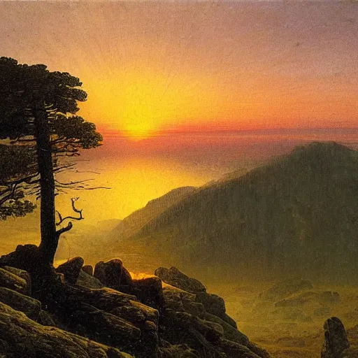 Image similar to a wanderer looking down from the peak of a mountain, distant valley, trees, sunset, dramatic light, oil painting, by caspar david friedrich