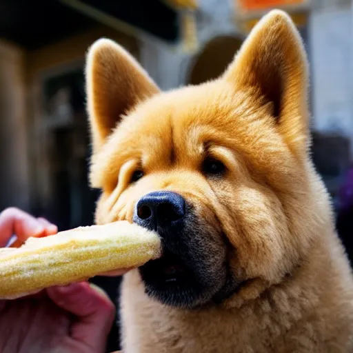 Prompt: a chow chow eating churros