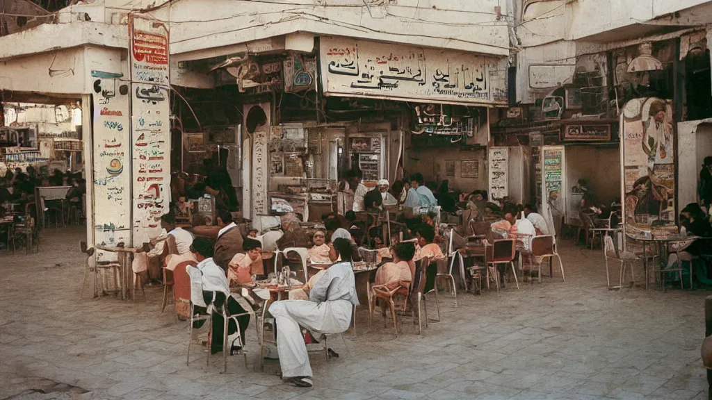 Prompt: colour photograph of a cafe in central baghdad in the 1 9 6 0 s + fujifilm