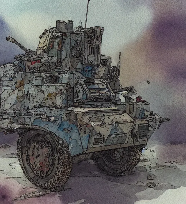 Prompt: a 3 / 4 view watercolor ink painting of a post - apocalyptic tank in the style of jean giraud in the style of moebius trending on artstation deviantart pinterest detailed realistic hd 8 k high resolution