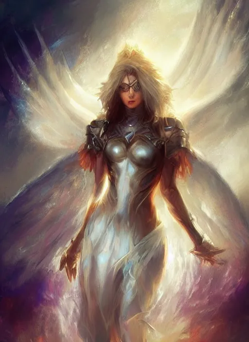 Image similar to concept art, angel knight girl. by artstation trending, by joseph mallord william turner, luis royo, konstantin razumov, cinematic lighting, fractal flame, highly detailed