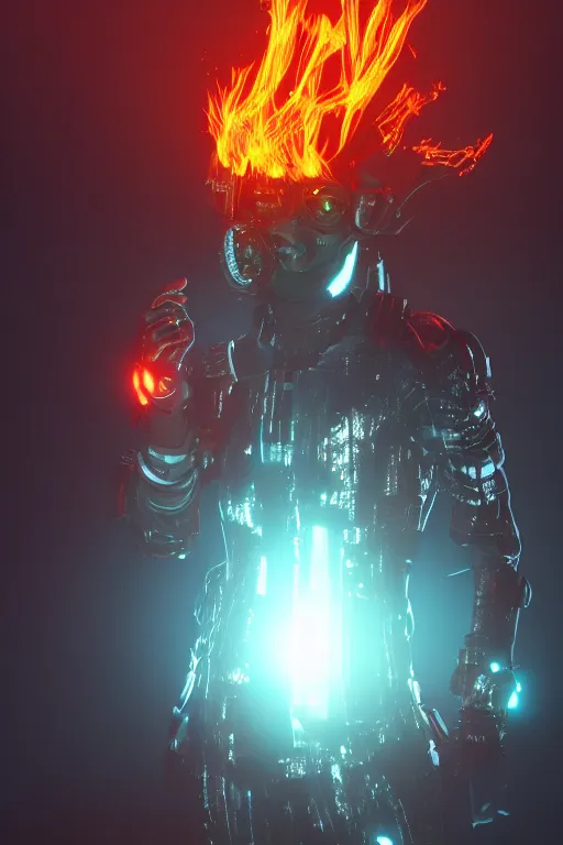 Image similar to Cyberpunk Flame Suit, fantasy, photorealistic, glowing eyes, 4k, cinematic lighting, explosive