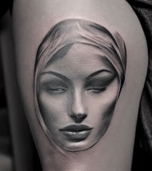 Image similar to tattoo design sketch of a beautiful woman face with a realistic faded mountain scenery on her side, hyper - realistic, double exposure effect, in the style of matteo pasqualin, amazing detail, black and white, faded