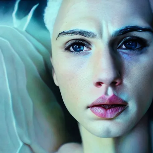 Image similar to realistic expired fuji film portrait of albino gal gadot, hyperrealism, hypermaximalism, photorealistic, detailed, atmospheric, 8 k, award winning photography, cinematic