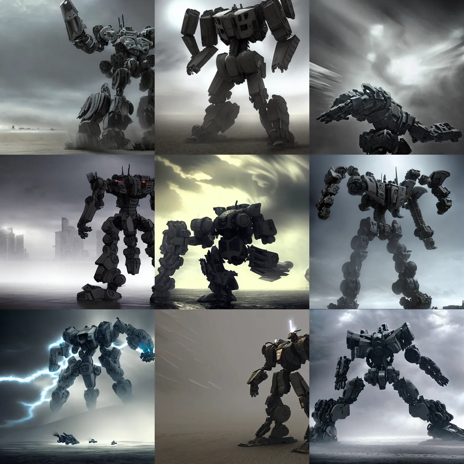 Prompt: massive interwoven gray sandstorm swirling, rotating, spinning whirlwind, intertwined a ruin humanoid mech, sandstorm, turnado, armored core, pacific rim jaeger