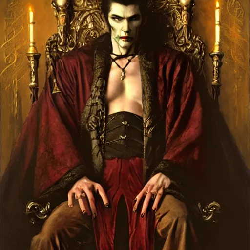 Image similar to perfectly centered portrait of attractive vampire king in a robe sitting on a throne of bones, highly detailed painting by gaston bussiere, craig mullins, j. c. leyendecker, 8 k