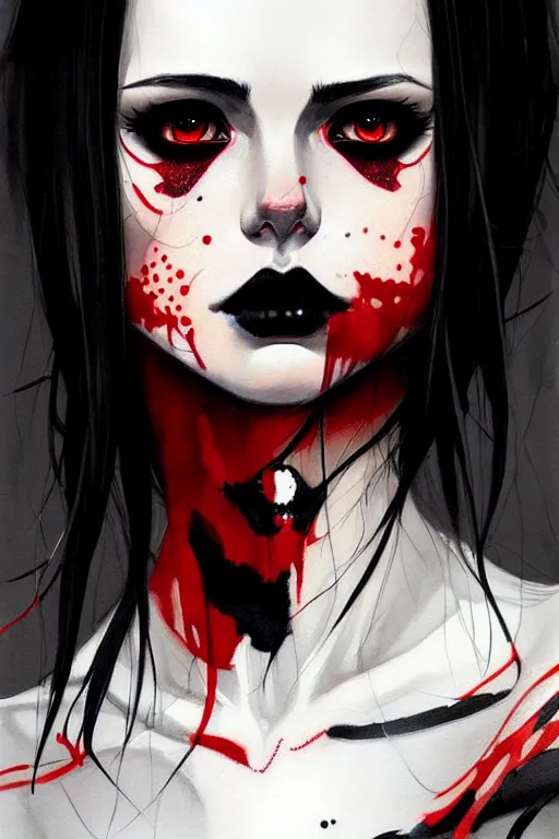 Image similar to a ultradetailed beautiful painting of a stylish goth girl, black eyes, red and black tattoos, by conrad roset, greg rutkowski and makoto shinkai, jon foster, trending on artstation