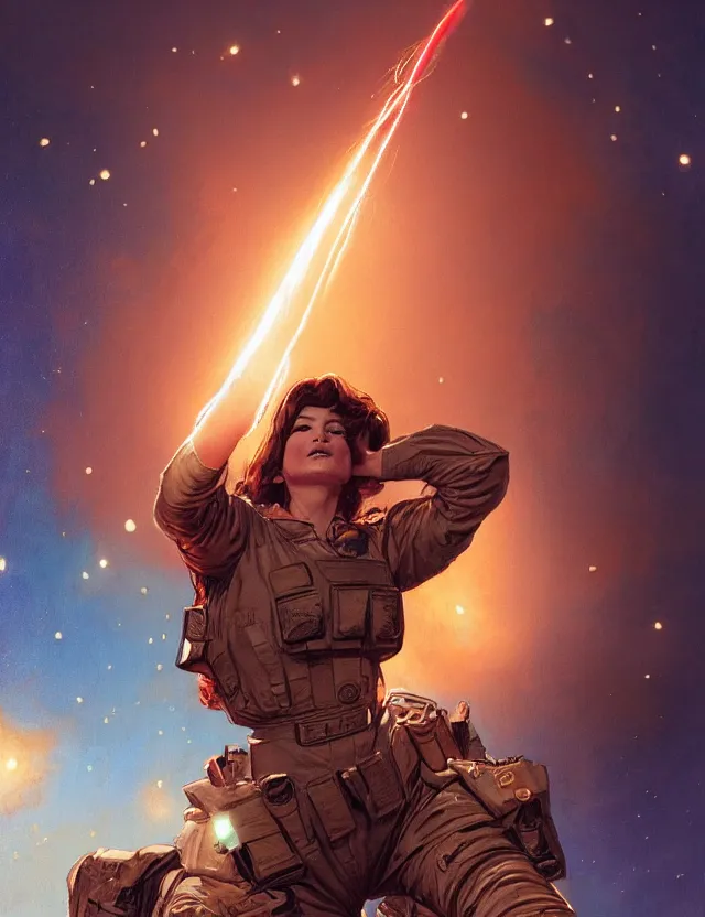 Image similar to a brown - haired woman in a military uniform hovering in the air glowing with red light and crackling energy, by frank fazetta and moebius, trending on artstation, digital art, 4 k resolution, detailed, high quality, sharp focus, hq artwork, coherent, insane detail, concept art, character concept, character full body portrait