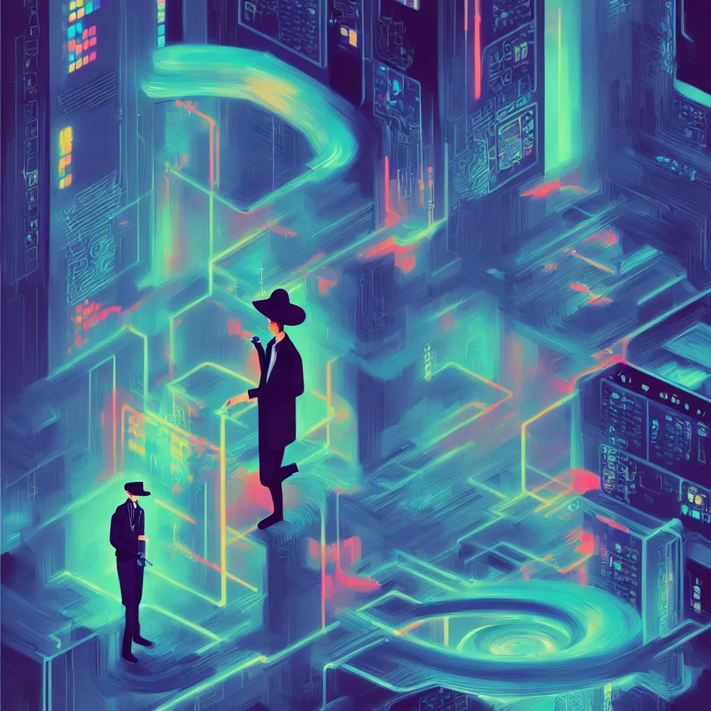 Image similar to illustration of a data-center architecture or schema, security agent with black hat, datastream or river, painting by Jules Julien, Leslie David and Lisa Frank and Peter Mohrbacher and Alena Aenami and Dave LaChapelle muted colors with minimalism