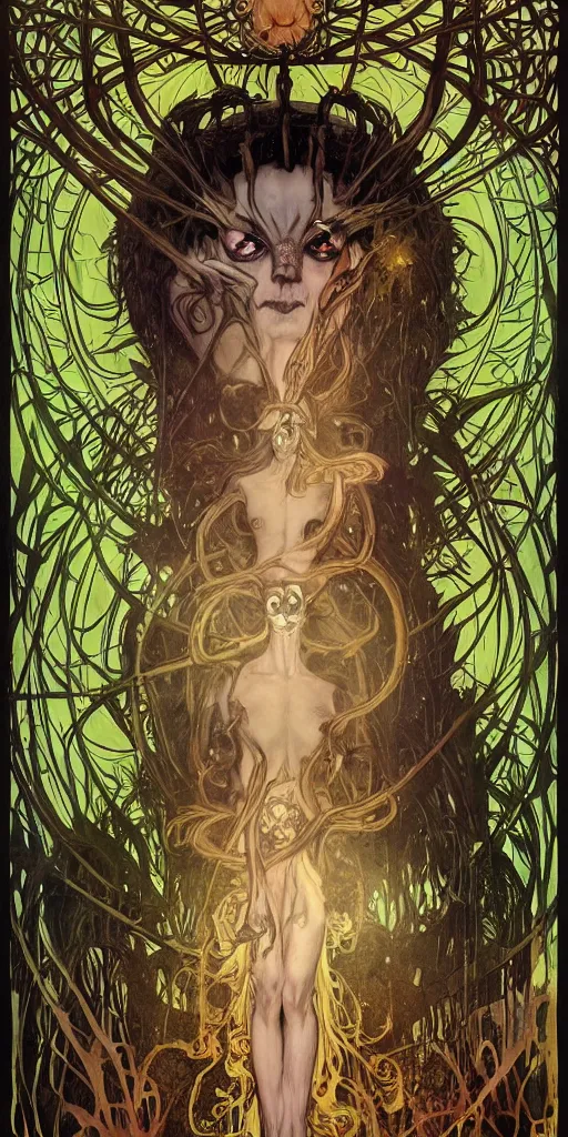 Image similar to intense glowing black metal pagan god with spider eyes and a skull in very dark forest by karol bak and josan gonzales and moebius and alphonse mucha, portrait, studio muti, malika favre, rhads, makoto