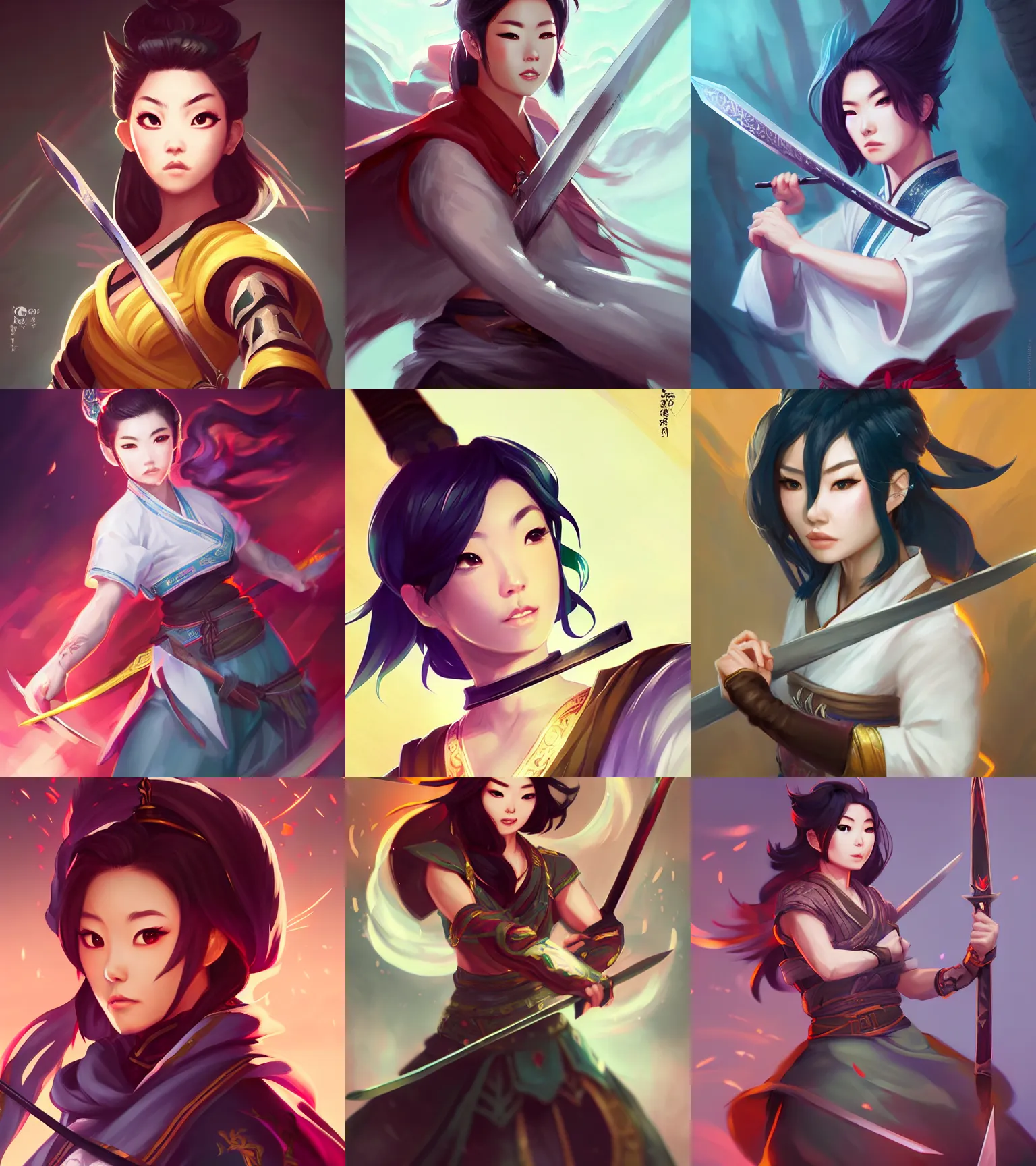 Prompt: a portrait of arden cho chef character with a radiant sword in a fighting stance by ross tran and loish, sharp focus, detailed, cinematic, hanbok