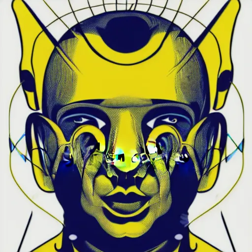 Image similar to human man that resembles a wasp morh in surreal sketch style, blue and yellow gradient, noise, ultrafine detail, hd 8k, logo illustration