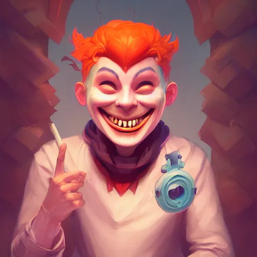 Image similar to a portrait of the happy mask salesman, grinning, red hair, art by lois van baarle and loish and ross tran and rossdraws and sam yang and samdoesarts and wlop, digital art, highly detailed, intricate, sharp focus, trending on artstation hq, deviantart, unreal engine 5, 4 k uhd image