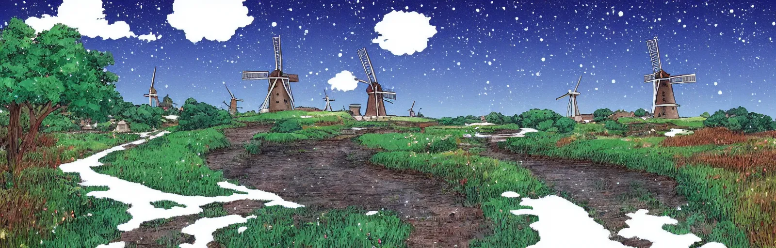 Prompt: beautiful countryside background with a windmill by studio ghibli, cute, winter