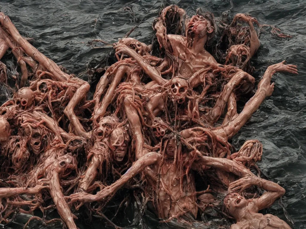 Image similar to the raft of the medusa as an animatronic body horror film, rubber latex, fleshy, Cronenberg, Rick Baker, dramatic film still, daylight, photo real, extremely detailed, wet, slimy, wide angle, rule of thirds, 28mm, 1984, vivid colors, Eastman EXR 50D 5245/7245