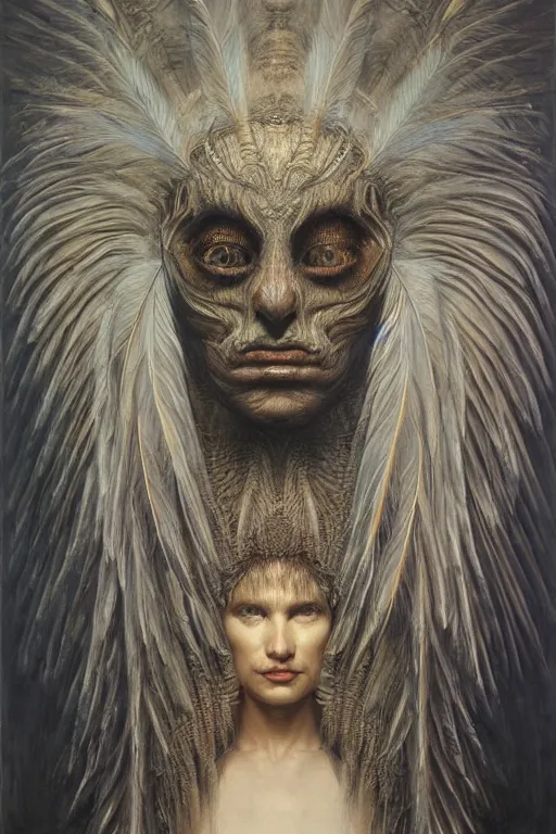 Prompt: hyper realistic painting of feather mask by wayne barlowe, beksinski, hr giger, austin osman spare, bussiere, roberto ferri, rembrandt, luis ricardo falero, intrincate ornaments