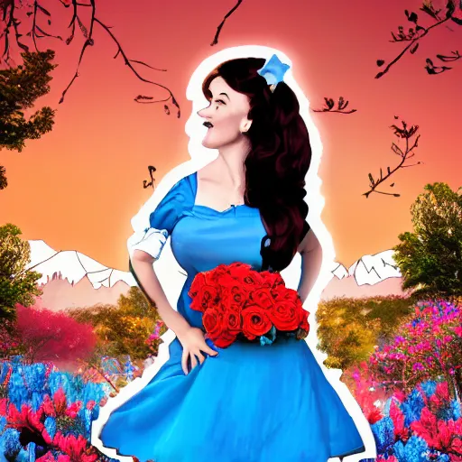 Prompt: giant alice in wonderland, pin up, houses, trees, mountains, woman, city, digital art, photo, blue dress, photoshop, flowers, collage, river, up