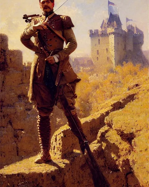 Image similar to attractive crossbowman watches an army approach, he is on a castle wall, painting by gaston bussiere, craig mullins, j. c. leyendecker