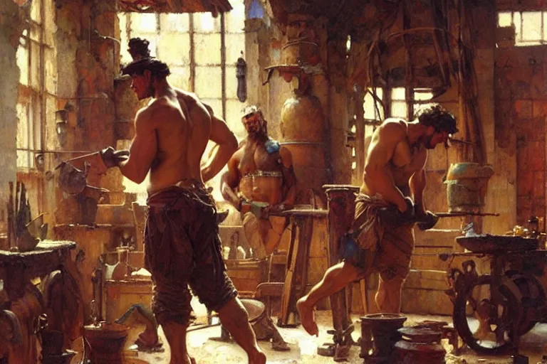 Image similar to muscular attractive blacksmiths in workshop, painting by gaston bussiere, craig mullins, greg rutkowski, alphonse mucha