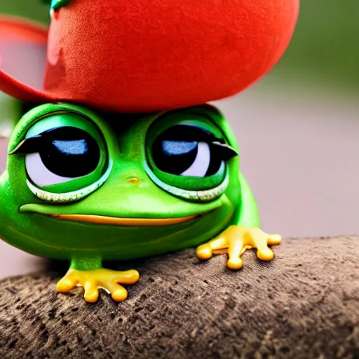 Image similar to baby pepe the frog wearing a tiny sombrero, holding maracas, large eyes, sitting on a log, pixar, disney, dynamic lighting, bokeh