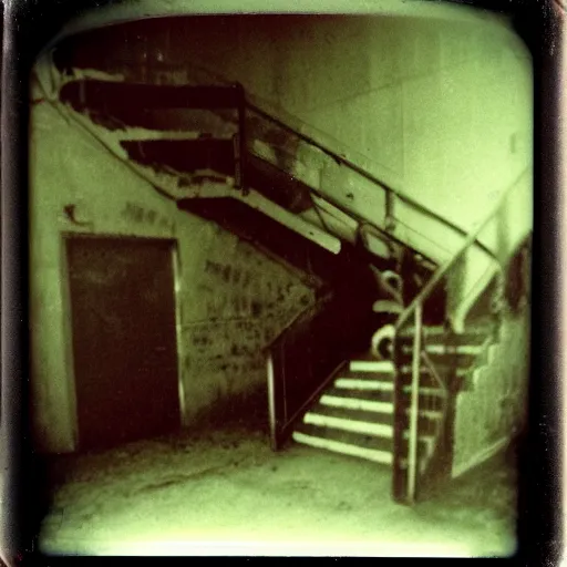 Image similar to a humanoid creature at the bottom of a dark stairwell, dark!, creepy, unsettling, uncanny valley!!!, old polaroid, expired film,